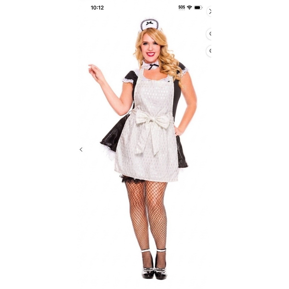 NWT Envogue Silver Lurex Shimmer Apron Bow Front Cotton White Coquette Pockets M